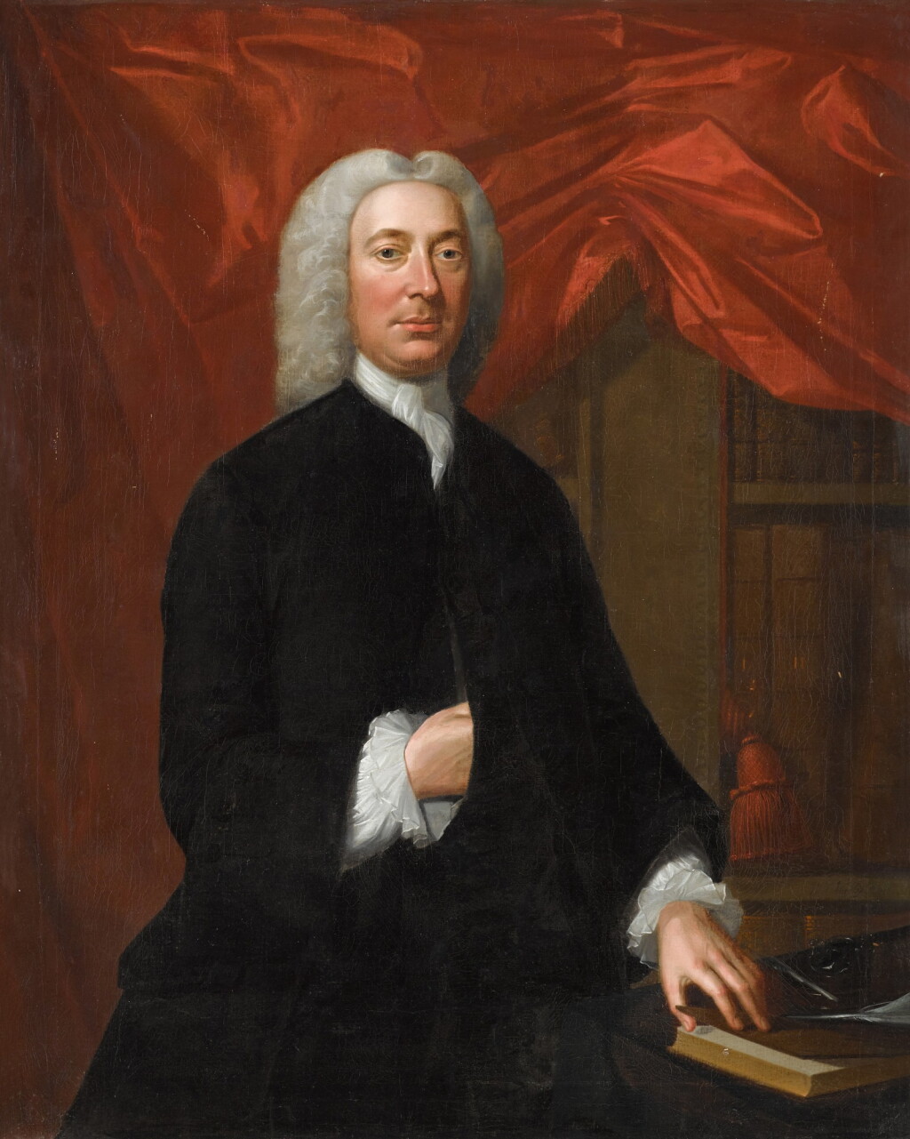 View full screen - View 1 of Lot 160. Portrait of a gentleman, three-quarter length, wearing black, with a white cravat, standing beside a table before a red curtain.