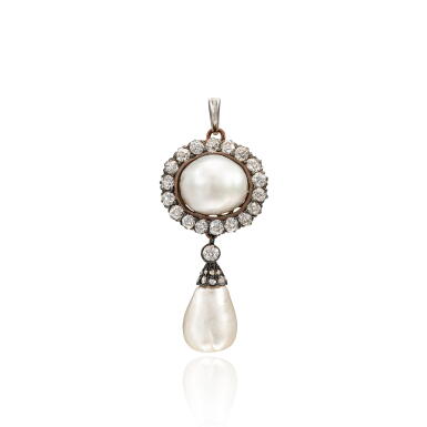 View full screen - View 1 of Lot 1257. NATURAL PEARL AND DIAMOND PENDANT | 天然珍珠 配 鑽石 吊墜.