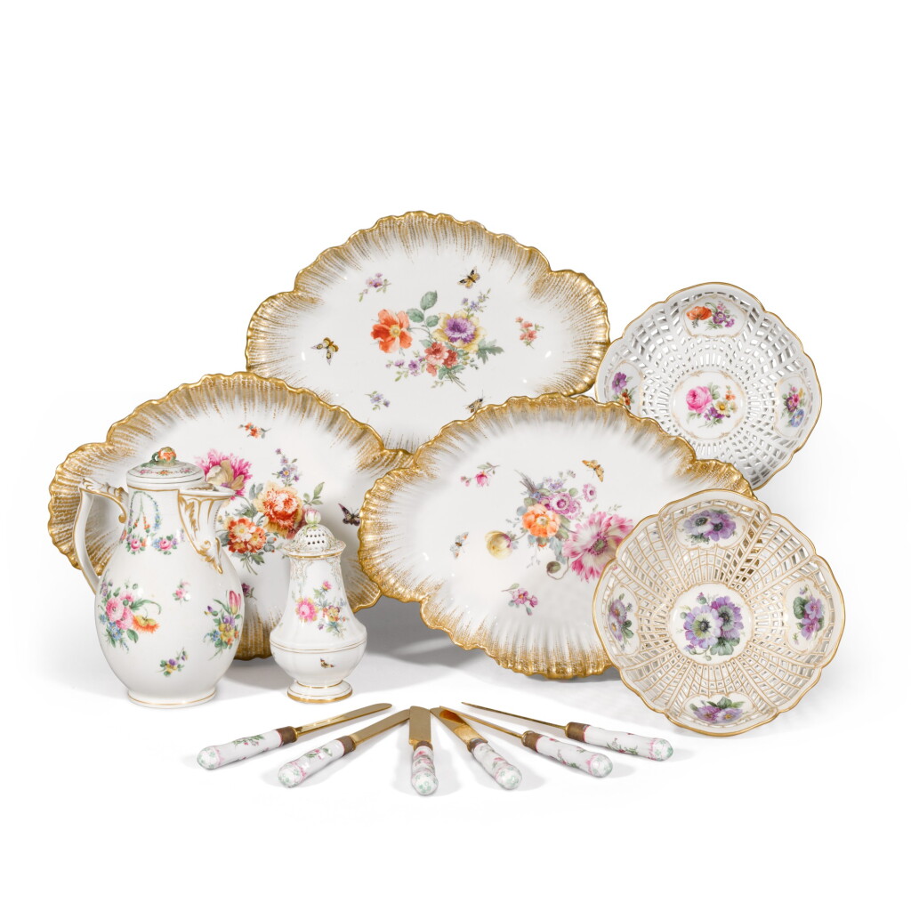 View full screen - View 1 of Lot 132. Three Berlin (K.P.M.) leaf-moulded quatrefoil dishes and various other items, various dates 19th century.
