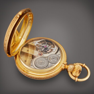 View full screen - View 1 of Lot 496. A heavy and fine three color gold hunting cased keyless one-minute tourbillon watch with Chronometer escapement, for the South American market, Circa 1880.