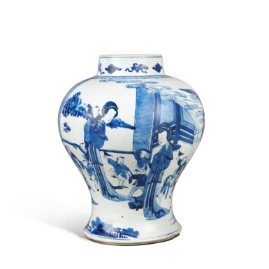 View full screen - View 1 of Lot 26. A blue and white 'ladies and boys' baluster jar, Qing dynasty, Kangxi period.