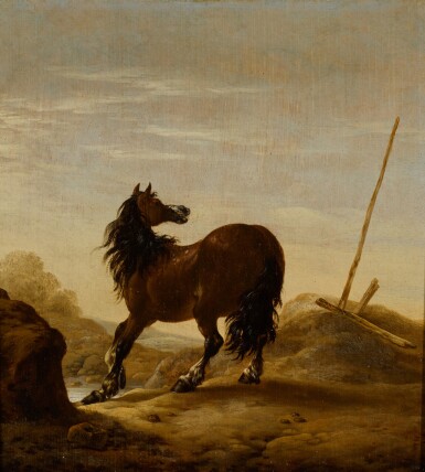 View full screen - View 1 of Lot 23. PIETER CORNELISZ VERBEECK | A bay horse in a dune landscape.