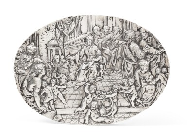 View full screen - View 1 of Lot 146. A large German oval plaque representing Christ surrounded with children, Daniel Kellerthaler, Dresden, dated 1608 | Grande plaque ovale en argent par Daniel Kellerthaler, Dresde, datée 1608, représentant le Christ assis entouré d'enfants.