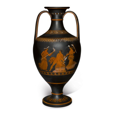 View full screen - View 1 of Lot 125. A WEDGWOOD BLACK BASALT 'ENCAUSTIC'-DECORATED AMPHORA VASE LATE 18TH CENTURY .