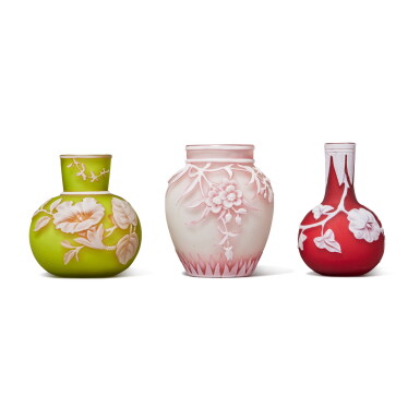 View full screen - View 1 of Lot 95. Three Stourbridge Overlay Cameo Miniature Vases, Attributed to Thomas Webb & Sons, Circa 1890.