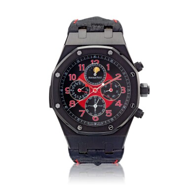 View full screen - View 1 of Lot 86. Reference 26292SN.OO.D101CR.01 Royal Oak ‘Marcus’ Grand Complication, A possibly unique DLC finished stainless steel minute repeating perpetual calendar split-seconds chronograph wristwatch with leap year and week indication, and moon phases, Circa 2011 愛彼 26292SN.OO.D101CR.01 型號皇家橡樹系列 ‘Marcus’ Grand Complication DLC 類鑽碳鍍膜鈦金屬精鋼三問萬年曆追針計時腕錶備閏年、星期及月相顯示,約2011年製.