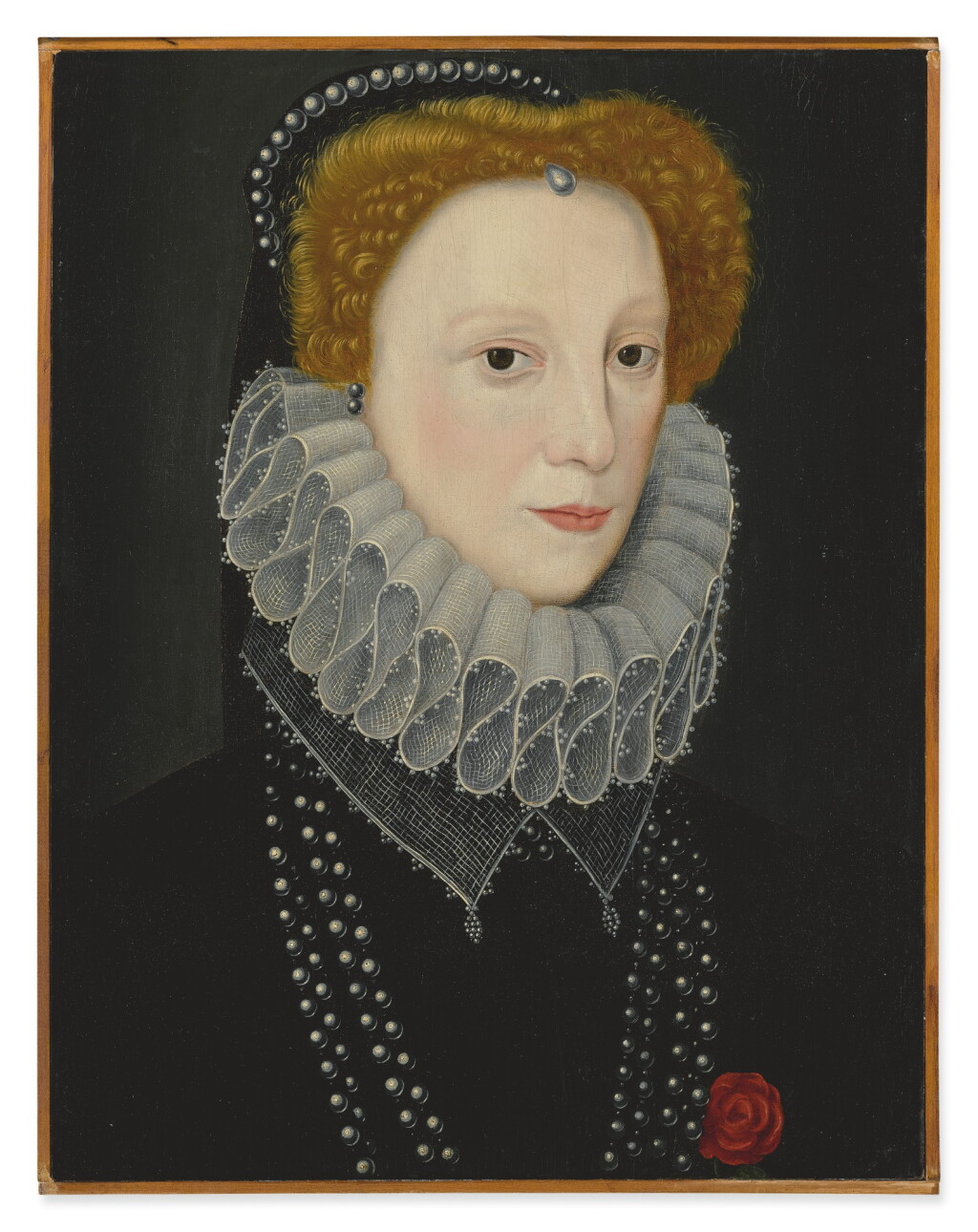 View full screen - View 1 of Lot 600. CIRCLE OF GEORGE GOWER | PORTRAIT OF LETTICE KNOLLYS, COUNTESS OF ESSEX AND COUNTESS OF LEICESTER (1543 - 1634), BUST LENGTH, IN A BLACK DOUBLET, LACE RUFF AND PEARL-DECORATED CAP.
