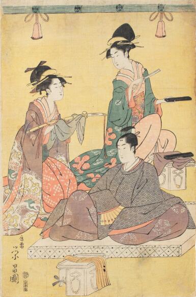 View full screen - View 1 of Lot 278. Chokosai Eisho (active 1780-1800), A Parody of the Adulthood Ceremony of Lord Narihira (Narihira ason hatsu kanmuri yatsushi), Japan, Edo period, 1796-1798 | 日本 江戶時代 1796-1798年 鳥高齋榮昌 《業平朝臣初冠略》 木刻版畫.