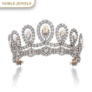 View full screen - View 1 of Lot 180. Musy | Magnificent and Historic Natural pearl and diamond tiara/necklace, second half of the 19th century | Musy | 天然珍珠配鑽石王冠/項鏈,十九世紀下半葉,具歷史價值.