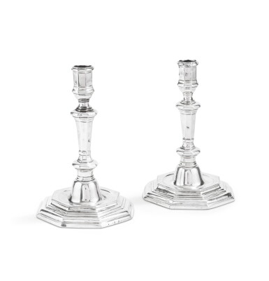 View full screen - View 1 of Lot 506. A pair of silver candlesticks, France, province, circa 1730 | Paire de flambeaux en argent, France, province, vers 1730.