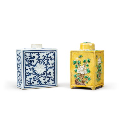View full screen - View 1 of Lot 59. A blue and white moulded ‘lotus’ tea caddy and yellow-ground moulded tea caddy, Qing dynasty.