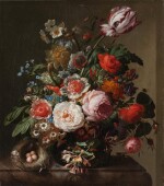 Still life of flowers in a vase with a bird's nest upon a marble ledge《靜物:大理石臺上的一瓶鮮花與鳥巢》