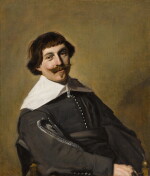 Portrait of a man, three-quarter-length, wearing black with a white collar