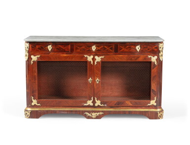 View full screen - View 1 of Lot 54. A Louis XV gilt-bronze mounted kingwood and tulipwood cabinet, circa 1730 | Meuble à hauteur d'appui en placage de bois de violette, bois de rose et bronze doré d'époque Louis XV, vers 1730.