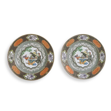 View full screen - View 1 of Lot 1044. A Rare Pair of Large Chinese Export Silver-Decorated 'Ladies' Chargers, Qing Dynasty, Yongzheng Period, circa 1735.