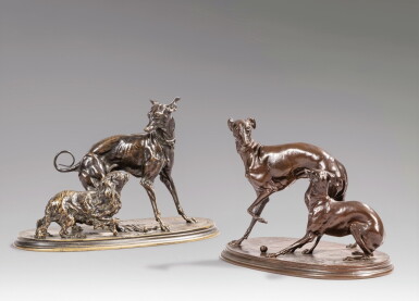 View full screen - View 1 of Lot 78. Lévrier et King Charles & Les deux levrettes à la balle | A Greyhound and King Charles & Two Dogs with a Ball.