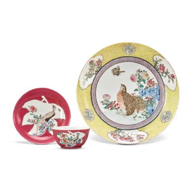 View full screen - View 1 of Lot 1191. Three famille-rose 'quail' wares, Qing dynasty, Yongzheng period | 清雍正 粉彩鵪鶉圖瓷器一組三件.