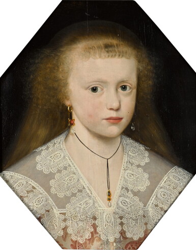 View full screen - View 1 of Lot 56. Portrait of a young woman called Elizabeth, bust-length, wearing a lace decorated collar over a pink dress.