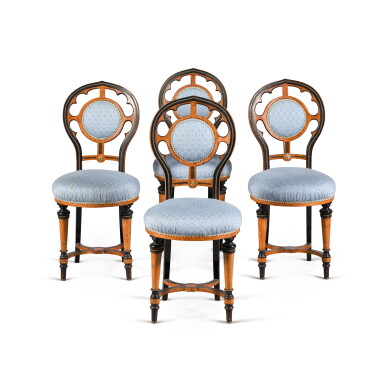 View full screen - View 1 of Lot 151. An Anglo-Moresque thuya, ebony-strung and gilt-brass-mounted circular tripod table and four chairs by Morant, Boyd & Blandford, circa 1875.