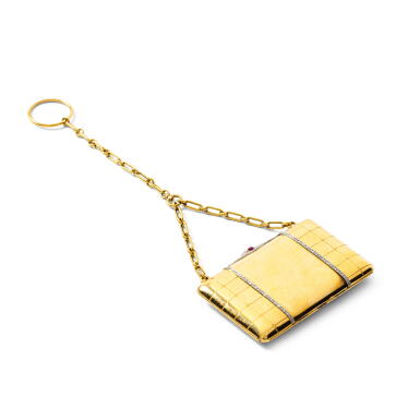 View full screen - View 1 of Lot 144. A jewelled gold minaudière in the shape of a suitcase, French, early 20th century.