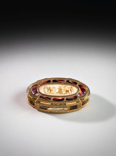 View full screen - View 1 of Lot 640. A gold-mounted burgau shell and ivory boîte-à-miniatures, Paris, 1787/1788 and later, the miniatures by Jean-Jacques de Gault .