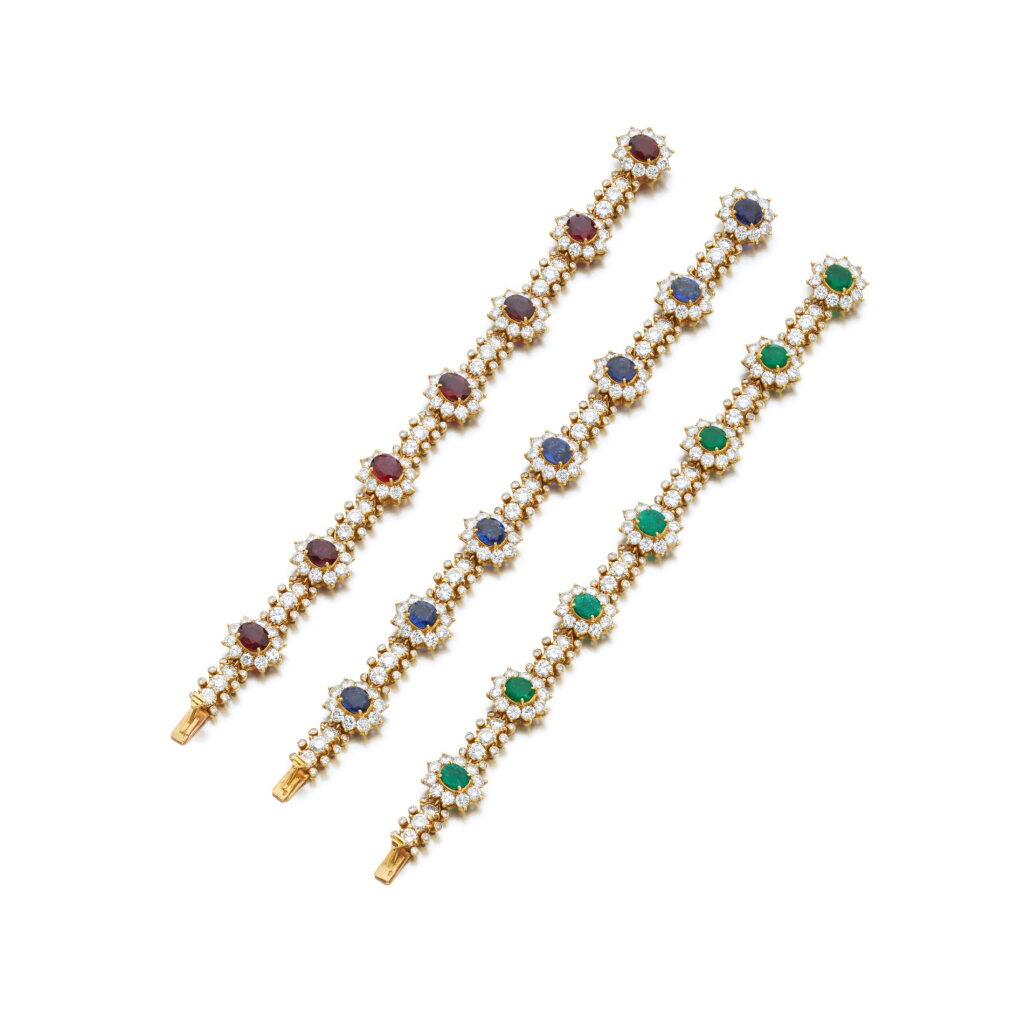 View full screen - View 1 of Lot 827. Three ruby, sapphire, emerald and diamond bracelets.