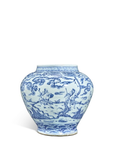 View full screen - View 1 of Lot 622. A blue and white 'Eight Drunken Immortals' jar, Ming dynasty|明 青花八仙圖罐.