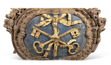 View full screen - View 1 of Lot 36. A Dutch Rococo carved, painted and gilt armorial shield, probably with the coat-of-arms of the city of Leiden, third quarter 18th century | Blason sculpté, peint et doré aux armes de la ville de Leiden, troisième quart du XVIIIe siècle | Fragmentary condition .