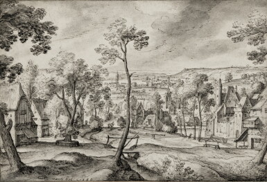 View full screen - View 1 of Lot 1. Landscape with a small town, a castle to the right and a Church in the distance.