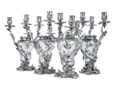 View full screen - View 1 of Lot 343. A SET OF FOUR FRENCH SILVER-MOUNTED CUT-GLASS THREE-LIGHT CANDELABRA VASES, ANDRÉ AUCOC, PARIS, CIRCA 1900.
