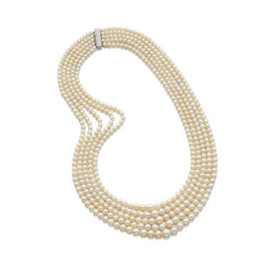 View full screen - View 1 of Lot 524. Natural pearl and diamond necklace.