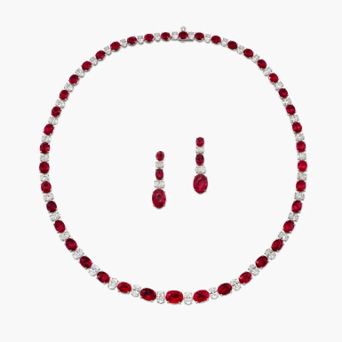 View full screen - View 1 of Lot 1815. Ruby and Diamond Demi-Parure | 天然 「緬甸」未經加熱紅寶石 配 鑽石 項鏈 及 耳墜 套裝 (紅寶石共重36.69克拉).