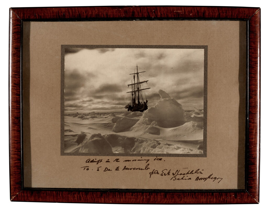 View full screen - View 1 of Lot 192. Frank Hurley | Adrift in the moving ice, inscribed and signed by Ernest Shackleton.