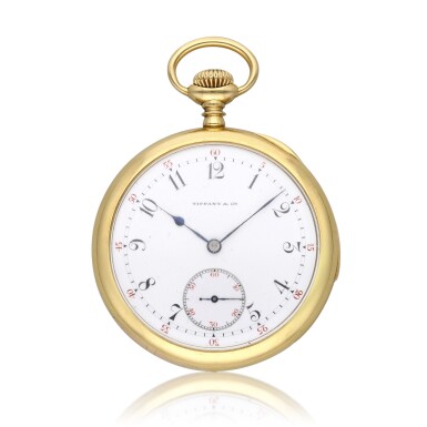 View full screen - View 1 of Lot 250. Retailed by Tiffany & Co.: A yellow gold open faced five minute repeating watch, Made in 1907.