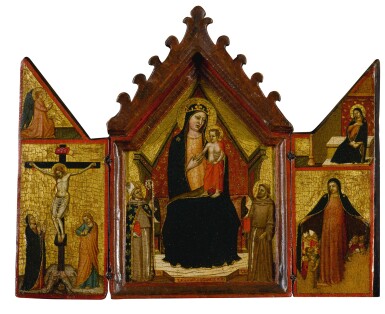 View full screen - View 1 of Lot 13. The Madonna and Child enthroned between Saints Louis of Toulouse and Francis (central panel); Crucifixion below the Angel of the Annunciation (left shutter); Madonna della Misericordia below the Virgin Annunciate (right shutter): a triptych.