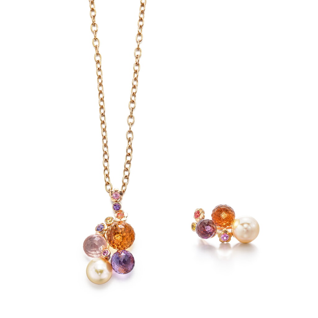 View full screen - View 1 of Lot 1345. Cultured Pearl and Coloured Stone Demi-Parure | 香奈兒 | 養殖珍珠 配 彩色 寶石 項鍊 配 戒指套裝.