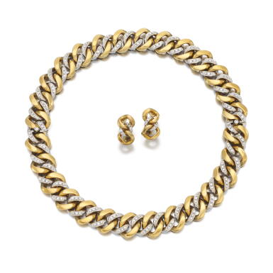 View full screen - View 1 of Lot 165. Diamond necklace/pair of bracelets and ear clips | Collier/paio di bracciali e orecchini in diamanti.