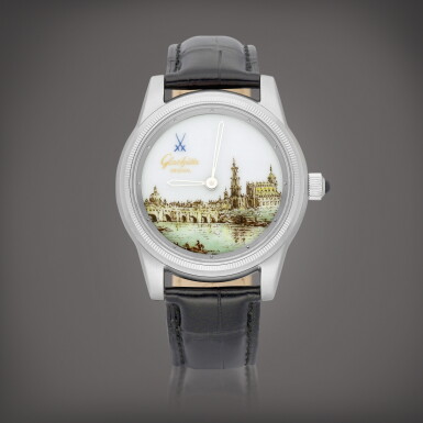View full screen - View 1 of Lot 2250. "800 Years Dresden", Canaletto-Blick A limited edition platinum wristwatch with Meissen porcelain dial, Circa 2006 | 格拉蘇蒂 | “德累斯頓 800 年” Canaletto-Blick | 限量版鉑金腕錶,備 Meissen 陶瓷錶盤,約2006年製.