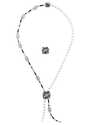 View full screen - View 1 of Lot 179. Demi-parure perles de culture, onyx, cristal de roche et diamants, "Ombre de Charme" | Cultured pearl, onyx, rock-crystal and diamond demi-parure, 'Ombre de Charme'.