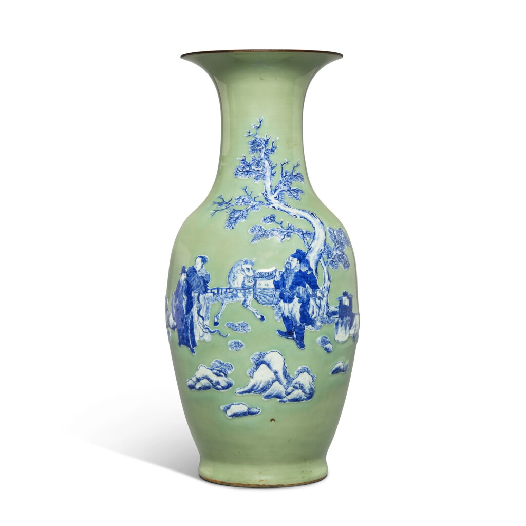 View full screen - View 1 of Lot 48. A large celadon-ground underglaze-blue relief-decorated 'figural' vase, Qing dynasty, 19th century .
