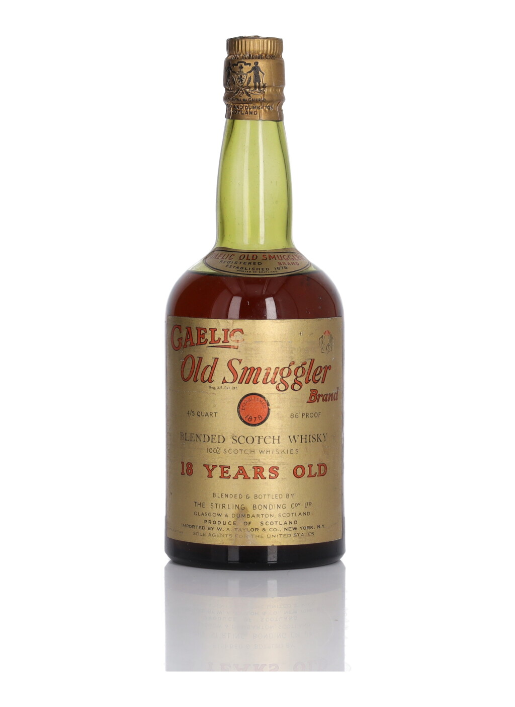View full screen - View 1 of Lot 113. Gaelic Old Smuggler 18 Year Old 86 Proof NV (1 Bottle 4/5 Quart).