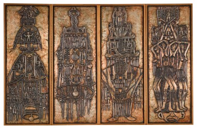 View full screen - View 1 of Lot 26. BRUCE ONOBRAKPEYA | A GROUP OF 4 PANELS (UNTITLED; THE MASQUERADES; OREMU VBO OGBO; EMIOVBO BEROMA).
