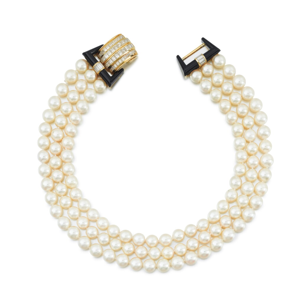 View full screen - View 1 of Lot 232. Cultured pearl, onyx and diamond necklace .