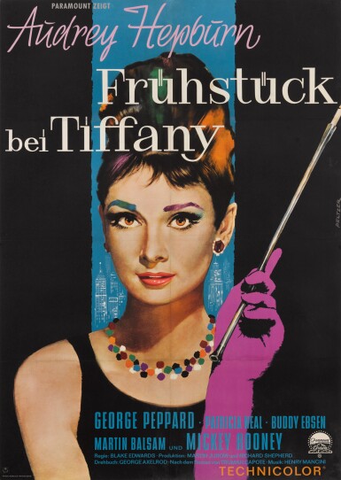 View full screen - View 1 of Lot 43. BREAKFAST AT TIFFANY'S / FRUHSTUCK BEI TIFFANY (1961) POSTER, GERMAN.
