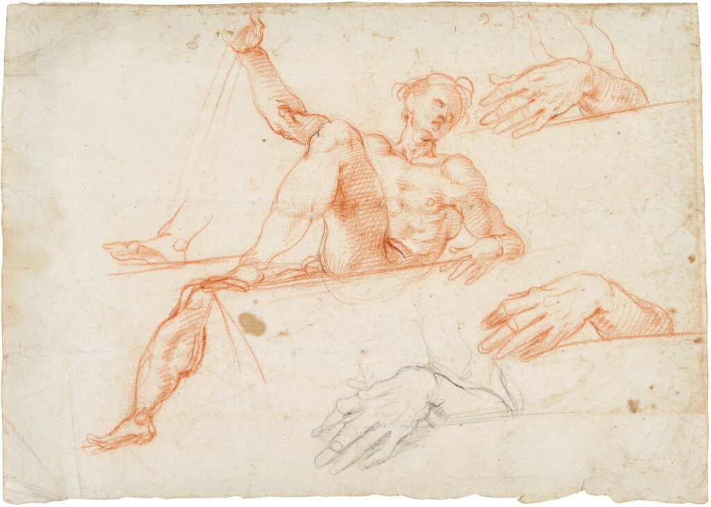 View full screen - View 1 of Lot 14. Reclining Male Nude; Separate Studies of his Left Leg and Left Hand.