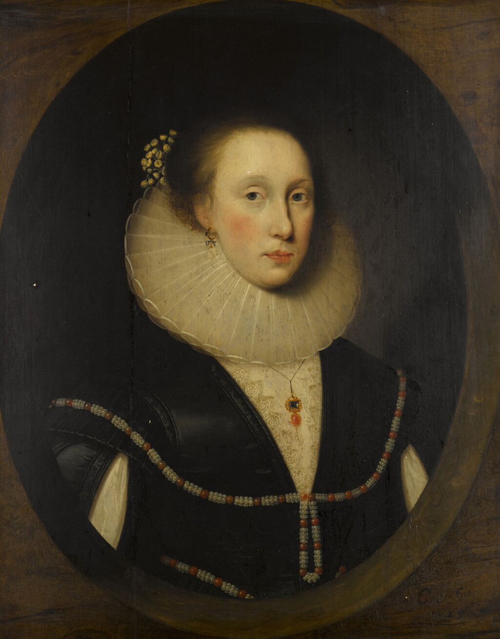 View full screen - View 1 of Lot 135. Portrait of Katherine Lady Leveson (1598-1674), half-length, wearing a black and white dress, a white ruff and a pearl rope.