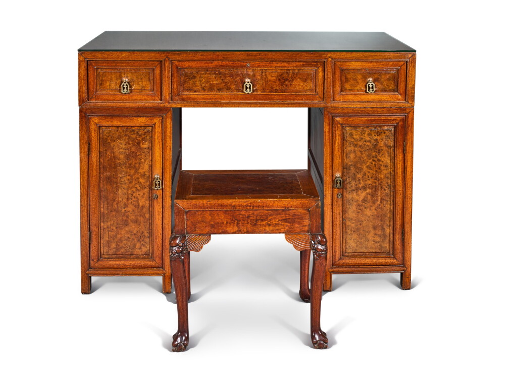 View full screen - View 1 of Lot 2090. A rosewood and burlwood writing table and stool Late Qing dynasty - Republican period | 清末至民國 紅木嵌癭木書桌及獸足方凳.