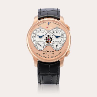 View full screen - View 1 of Lot 2132. Chronomètre à Résonance | A pink gold dual time zone wristwatch with power reserve indication and constant force remontoire, Circa 2022.