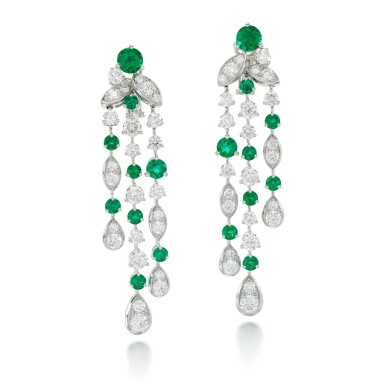 View full screen - View 1 of Lot 75. GRAFF | PAIR OF EMERALD AND DIAMOND EARRINGS.