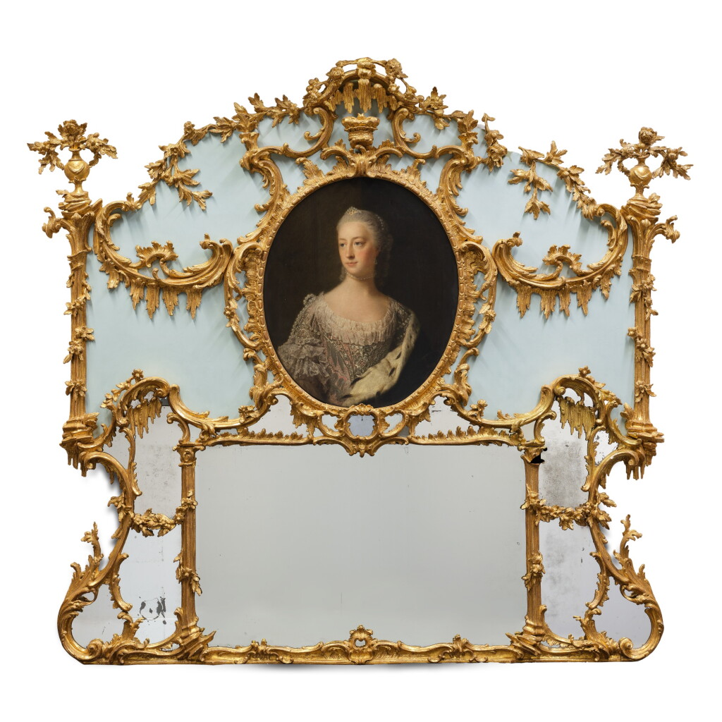 View full screen - View 1 of Lot 1074. A George III Giltwood Overmantel Mirror attributed to William Mathie, Edinburgh, with a portrait of Willielma Campbell, Viscountess Glenorchy by Allan Ramsay (Edinburgh 1713-1784 Dover).